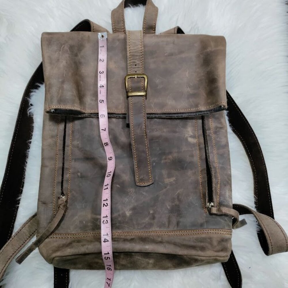 Vintage Brown Rugged Canvas Leather Roll Top Closure Adjustable Straps Backpack - Picture 9 of 10